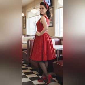 Pin Up Red Polka Dot Dress Size 8 Uk 12 Hearts And Roses Medium Large